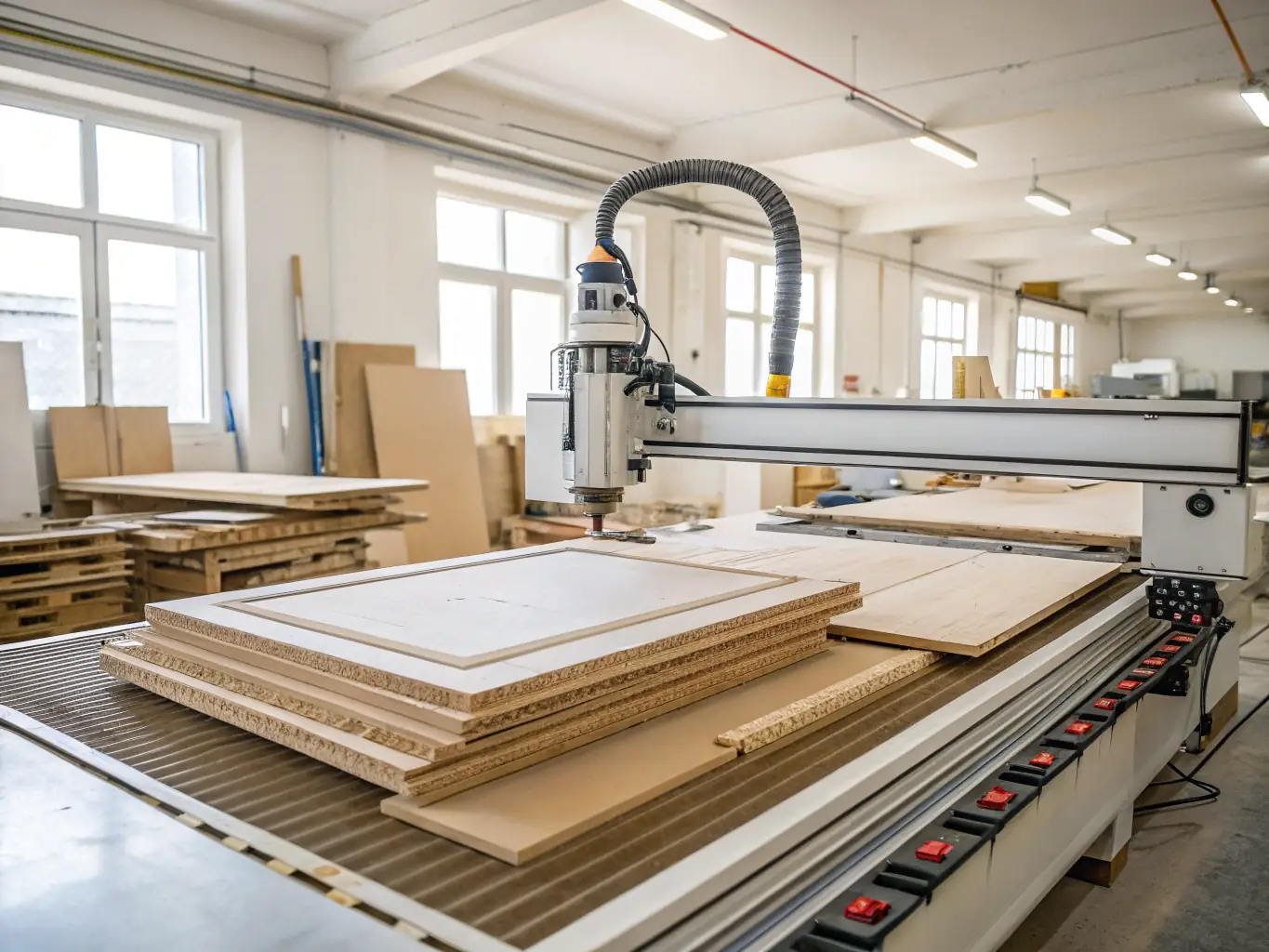 A photograph of a modern Estonian manufacturing facility producing high-quality wooden furniture, ready for export to Scandinavian markets. The image should convey precision, craftsmanship, and attention to detail.